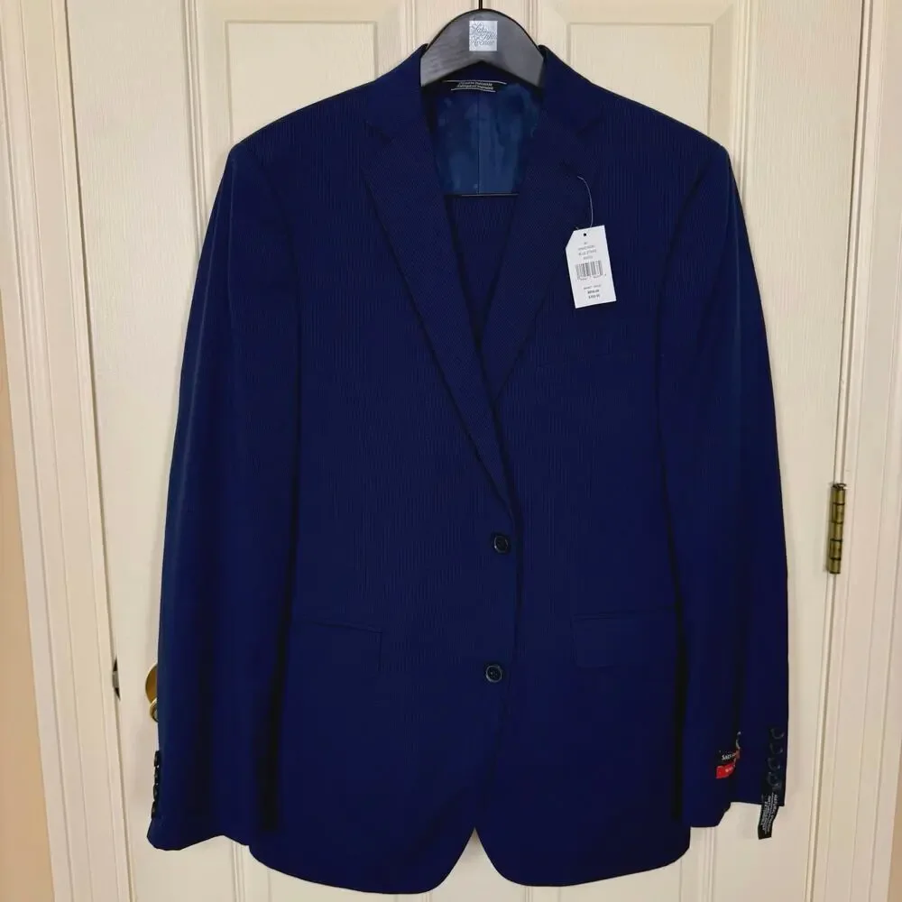 Saks Fifth Avenue Navy Wool Suit Subtle Stripe Tailored Fit 2-Piece 38R 31W NWT